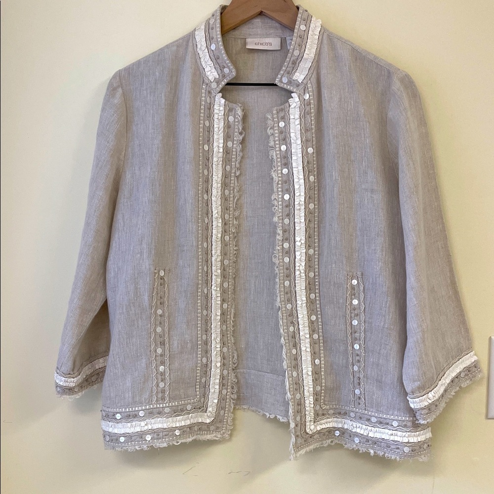 Chico’s Linen Blend Jacket Size 1 (8-10) – Embroidered & Sequin Trim Blazer